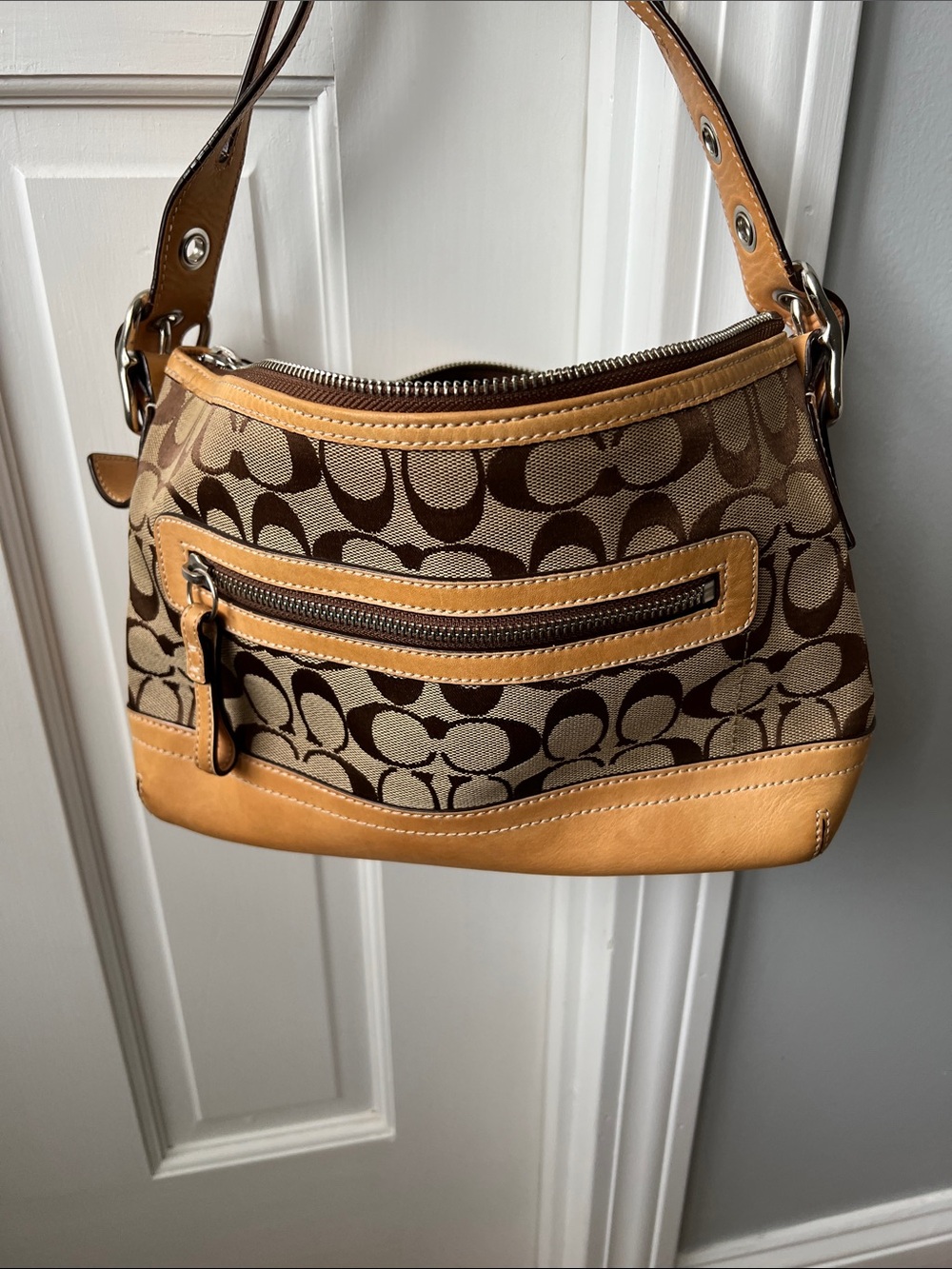 Coach Brown Signature Canvas Shoulder Bag with Tan Leather Trim